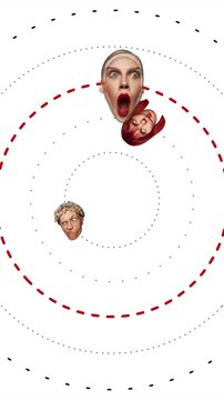Human emotions faces orbiting in circular abstract stop motion on minimal background. Concept of social dynamics, interaction patterns, emotional exchange and human behavior mapping.