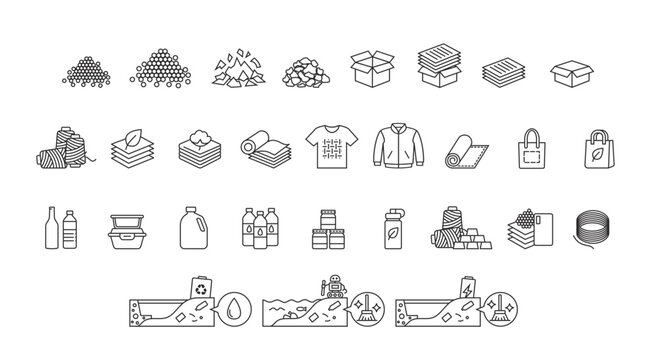 Recycled materials and sustainable products icons set, secondary raw materials, textile, plastic, paper packaging and environmental cleanup concepts in black contour style