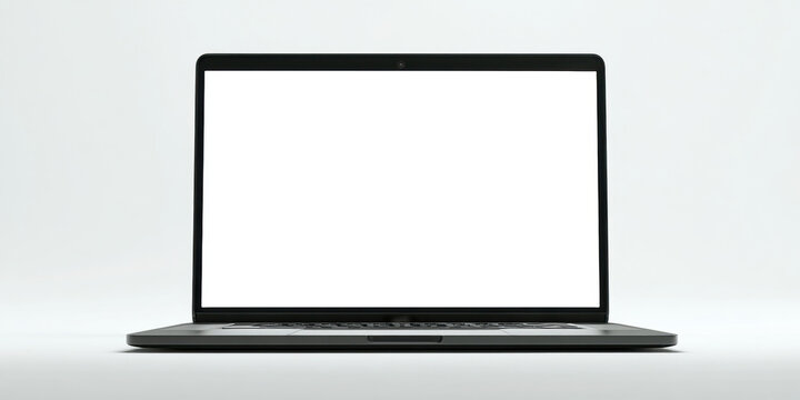 Modern laptop mockup with blank white screen isolated on white background. Clean notebook computer template for website preview, branding, office work and responsive design concept.