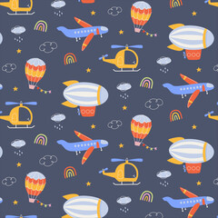 Cute Air Transport Seamless Pattern on Navy Blue. Night Sky Kids Vector Background with White Outlined Airplane, Helicopter and Dirigible. Nursery Textile Design. © AnnRozz
