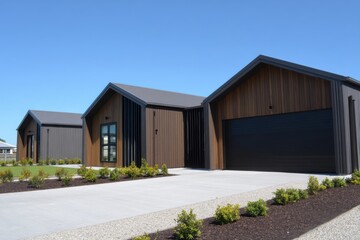 Fototapeta premium The contemporary architecture of this house showcases elegant, sleek lines paired with a generous driveway, all nestled within a bright and inviting neighborhood