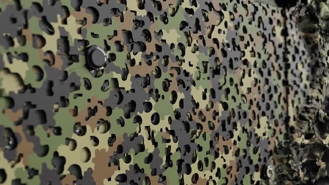 Closeup of a camouflage net with a detailed texture and pattern.