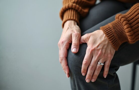 Mature woman hands hold painful knee. Closeup side view shows joint discomfort. Woman wears brown sweater, dark pants. Health issue representation.