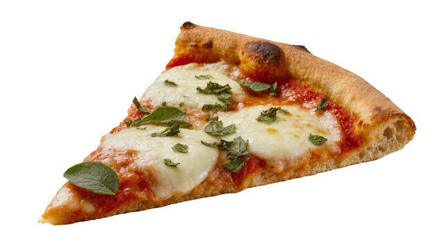 Crispy crust Margherita pizza slice with melted cheese and basil