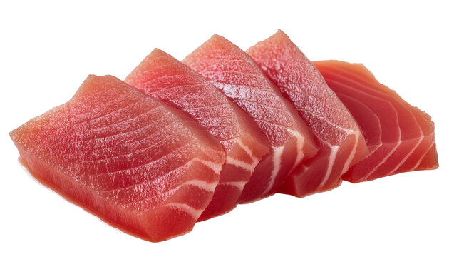 Raw red tuna steaks stacked neatly on a surface