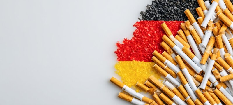 Tabaksteuer - Stapel mit Zigaretten auf Deutschlandflagge, isoliert auf weissem Hintergrund