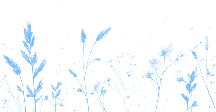 Blue cyanotype photocopy flowers horizontal background. Punk dot spring floral poster, cover, card collage design. Stipple texture in the form of vector points isolated on transparent background.