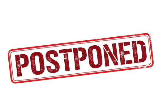 Red postponed stamp with bold text and distressed edges isolated on transparent background