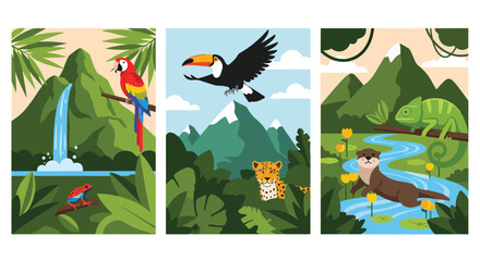 Obraz premium A stunning vector illustration collection presenting diverse wild animals thriving in their natural jungle habitat.