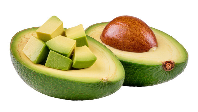 Halved ripe avocado with cubed flesh and brown pit
