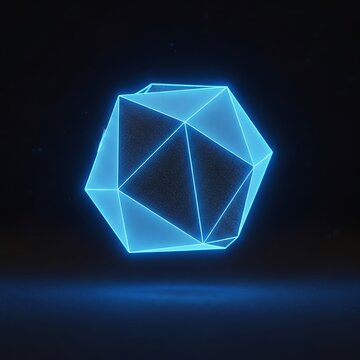 Illuminated polyhedral shape hovers above a dark reflective surface with glowing blue edges