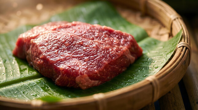 Beef Steak on Green Leaf in Woven Basket Ready to Prepare