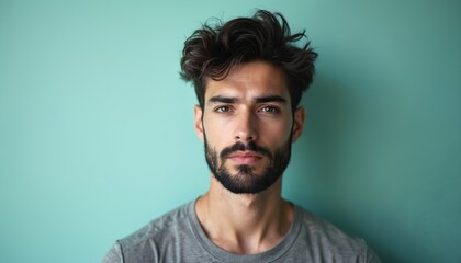 Fototapeta premium Young man with dark messy hair and beard looks directly at camera. He wears a simple grey t-shirt against a teal backdrop. His expression is serious and contemplative. He is masculine and attractive.