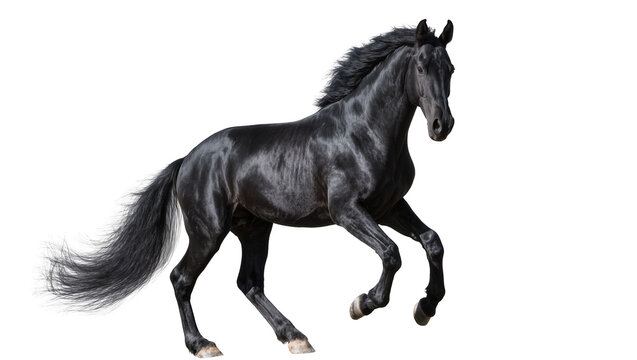 Dynamic Black Friesian Horse Galloping with Flowing Mane and Tail