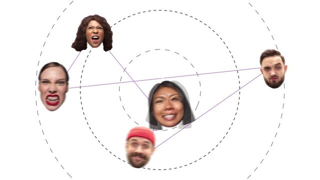 Diverse faces connected by lines structure animation on clean background. Concept of social network communication, relationships, teamwork, data connections and digital communication flow.