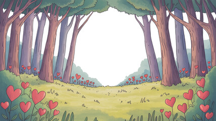 Naklejka premium Whimsical forest scene with trees and heart-shaped flowers in a cartoon style woods nature
