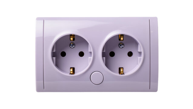 Gray plastic double electrical outlet with round sockets and screw