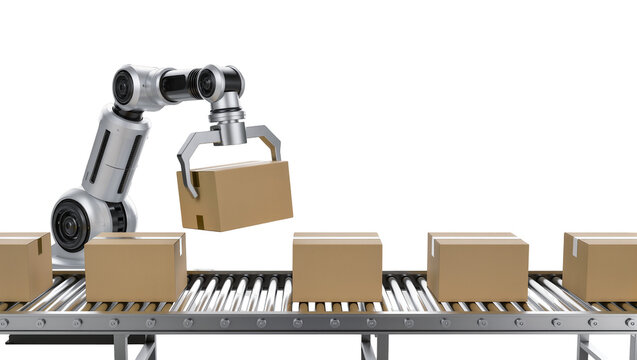 Industrial robotic arm picking brown cardboard boxes on conveyor belt