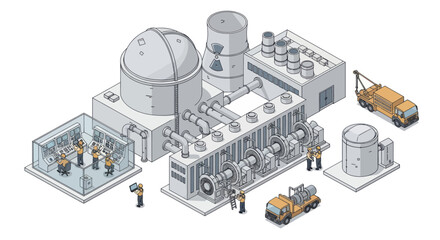 Isometric Nuclear Power Plant Complex with Detailed Structures and Vehicles. © Karimun