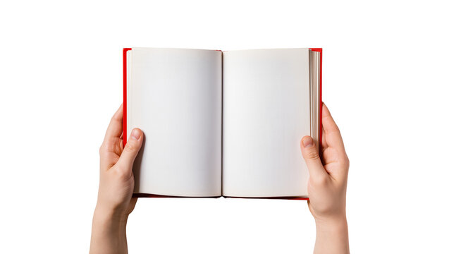 Human hands holding open hardcover book with red spine and blank pages