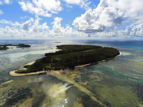 Aerial view of Poivre Atoll featuring dense tropical vegetation and vibrant coral reefs surrounded by the turquoise waters of the Indian Ocean Seychelles.
