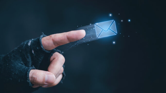 Finger unsubscribe service concept glowing email icon touch digital communication security seamless connection promotional contact cyber attack