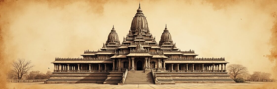 Architectural sketch of grand temple complex in classic Indian style. Stone structure features tiered towers, ornate details, and colonnades. Stairs lead to main entrance.