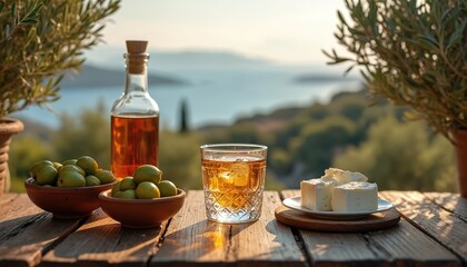 Obraz premium Glass of greek tsipouro with olives feta cheese on table near sea. Olive trees frame idyllic mediterranean landscape. Warm sunlit scene evokes relaxation taste aroma.