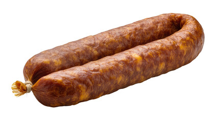 Fototapeta premium Smoked cured pork sausage with twine knot and marbled texture
