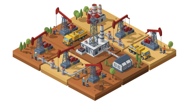 Oil drilling rig and pumpjacks in an industrial landscape.