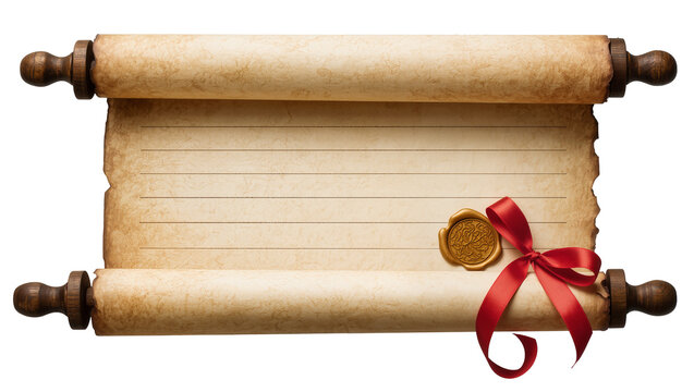 Antique parchment scroll with wax seal and red ribbon detail