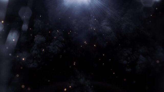 Golden sparks drift through dark mystical smoke with cinematic light rays