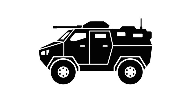 Black silhouette of an armored military vehicle on a white background flat illustration