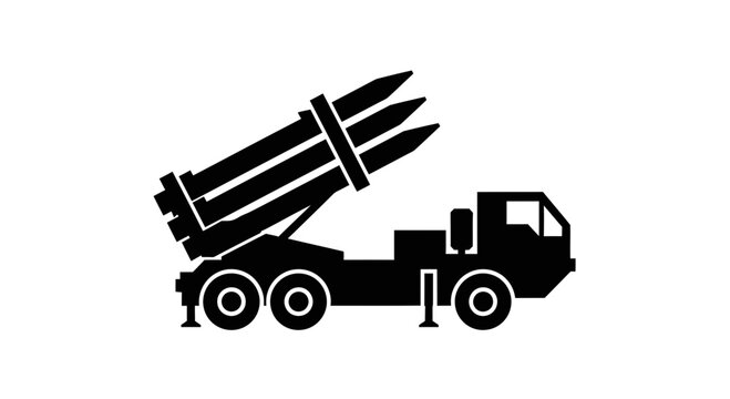 Black silhouette of military truck carrying three missiles flat illustration