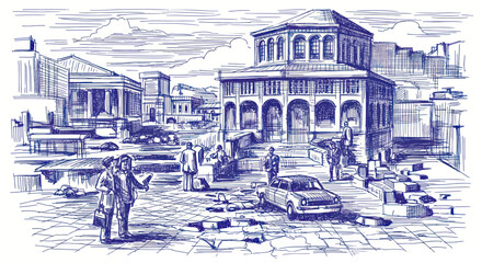 People and cars in a city square with a prominent building. © Karimun