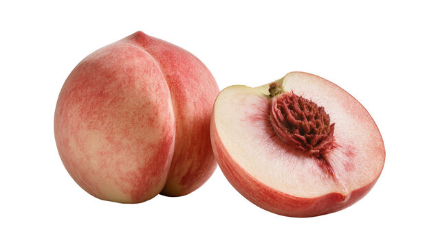 Ripe White Peach Fruit Whole and Cut Showing Juicy Flesh