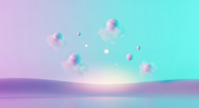 Surreal landscape features dimpled spheres floating above undulating terrain under soft pastel illumination
