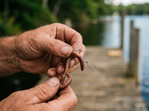 Hands of a fisherman baiting a hook with a live worm