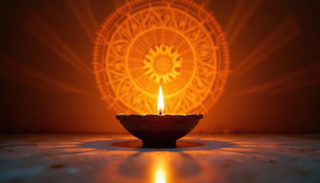 Single lit diya oil lamp glows in front of spiritual Shree Yantra pattern. This image represents Diwali festival, Indian culture and Hindu religious traditions. Warm light illuminates dark background.