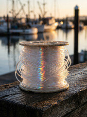 Fototapeta premium Spool of iridescent fluorocarbon fishing line on a wooden dock