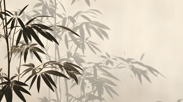 Bamboo Leaves and Shadows Swaying Gently in Soft Light on Cream Background