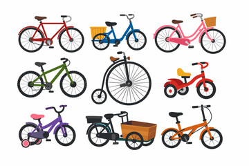 Obraz premium Comprehensive collection of diverse bicycle types including classic road bikes, city bikes with baskets, mountain bikes, vintage penny-farthing, tricycle, kids' bikes, cargo bikes, and folding bikes.