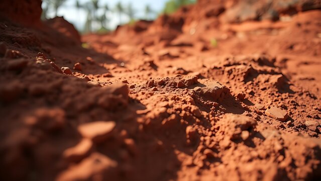 Exposed bauxite layers in tropical red soil under natural sunlight.