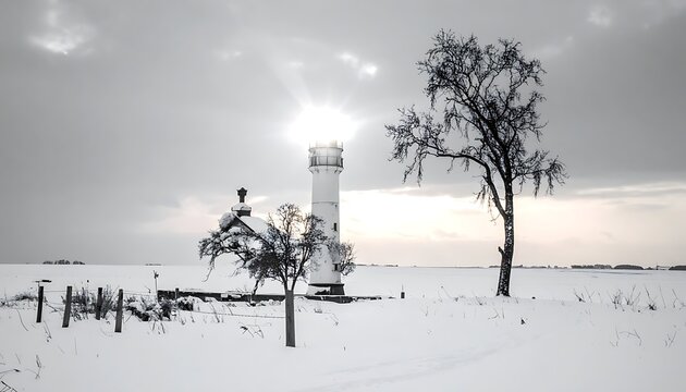 A serene winter landscape with a lighthouse and trees