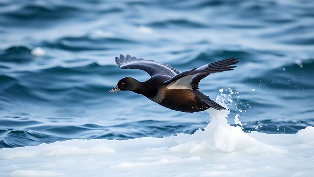 A black scoter duck dives in icy ocean water with wings partially spread, captured in motion.