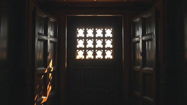 A vintage wooden confessional booth with light filtering through its lattice grill.