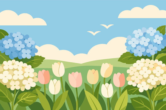 Spring Garden Vector Illustration with Blue and White Hydrangeas, Colorful Tulips, Green Hills, and a Clear Blue Sky with Clouds. Modern Flat Design Poster for Seasonal Background or Greeting Card.