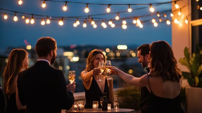 People toasting champagne rooftop night
