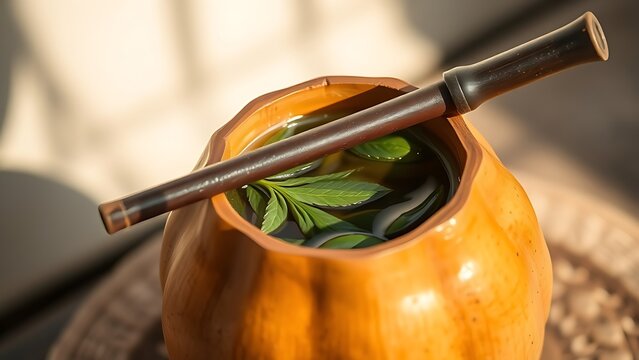 A traditional mate gourd with yerba mate leaves and a bombilla straw inside.
