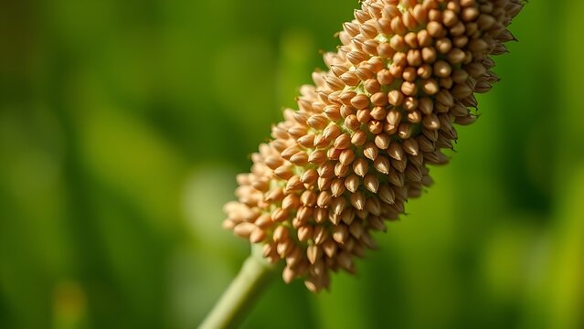 Extreme close-up of a plantago plant's spike covered in tiny brown seeds.